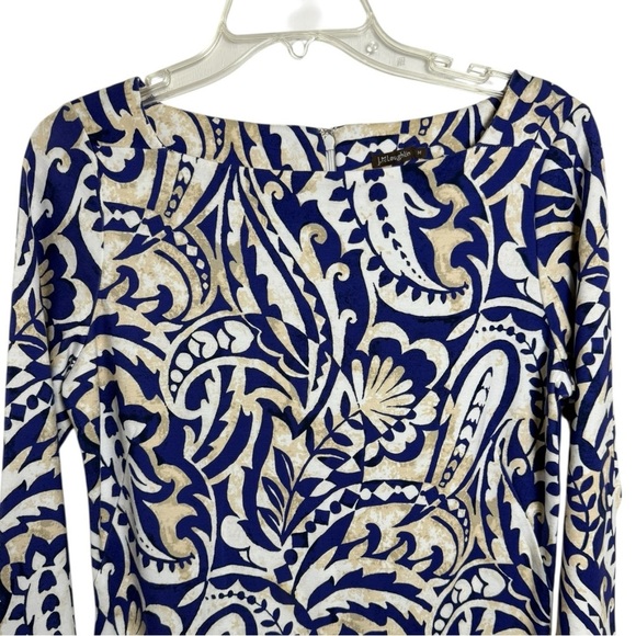 J.MCLAUGHLIN Imogen Sheath Stretch Knit Dress Sz Medium Navy Tan - Picture 3 of 9